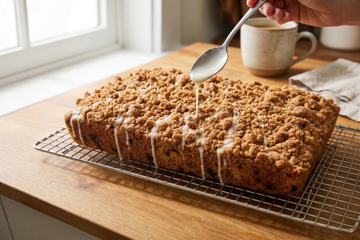 Vanilla glaze being drizzled over the streusel top of a coffee cake