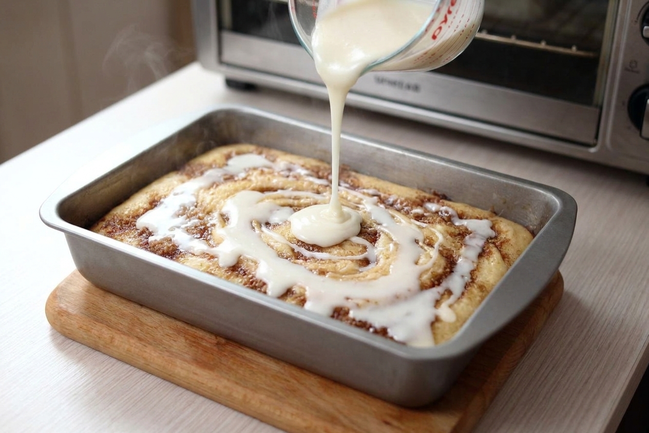 Vanilla glaze being poured over a warm honey bun cake in a baking pan on a kitchen counter