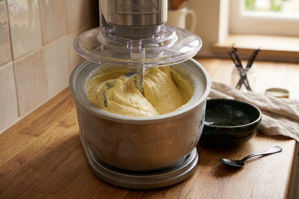 Vanilla ice cream base churning inside a Cuisinart ice cream maker on a kitchen counter