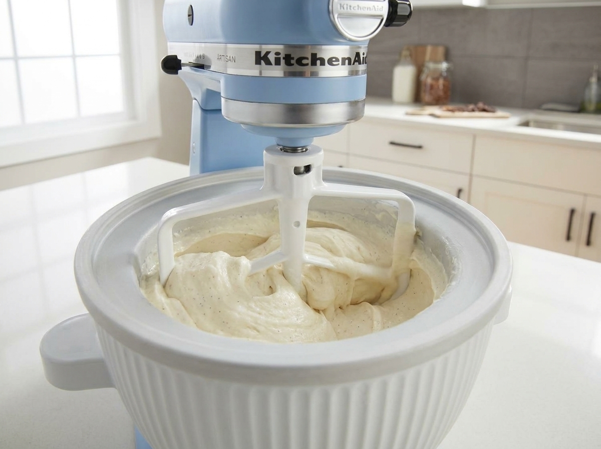 Vanilla ice cream base churning inside a KitchenAid ice cream maker attachment with the dasher spinning in a bright home kitchen