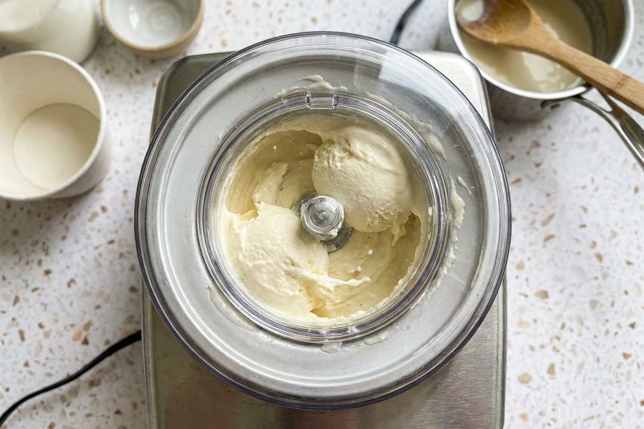 Vanilla ice cream base churning inside an ice cream maker with the lid on, viewed from above on a kitchen counter