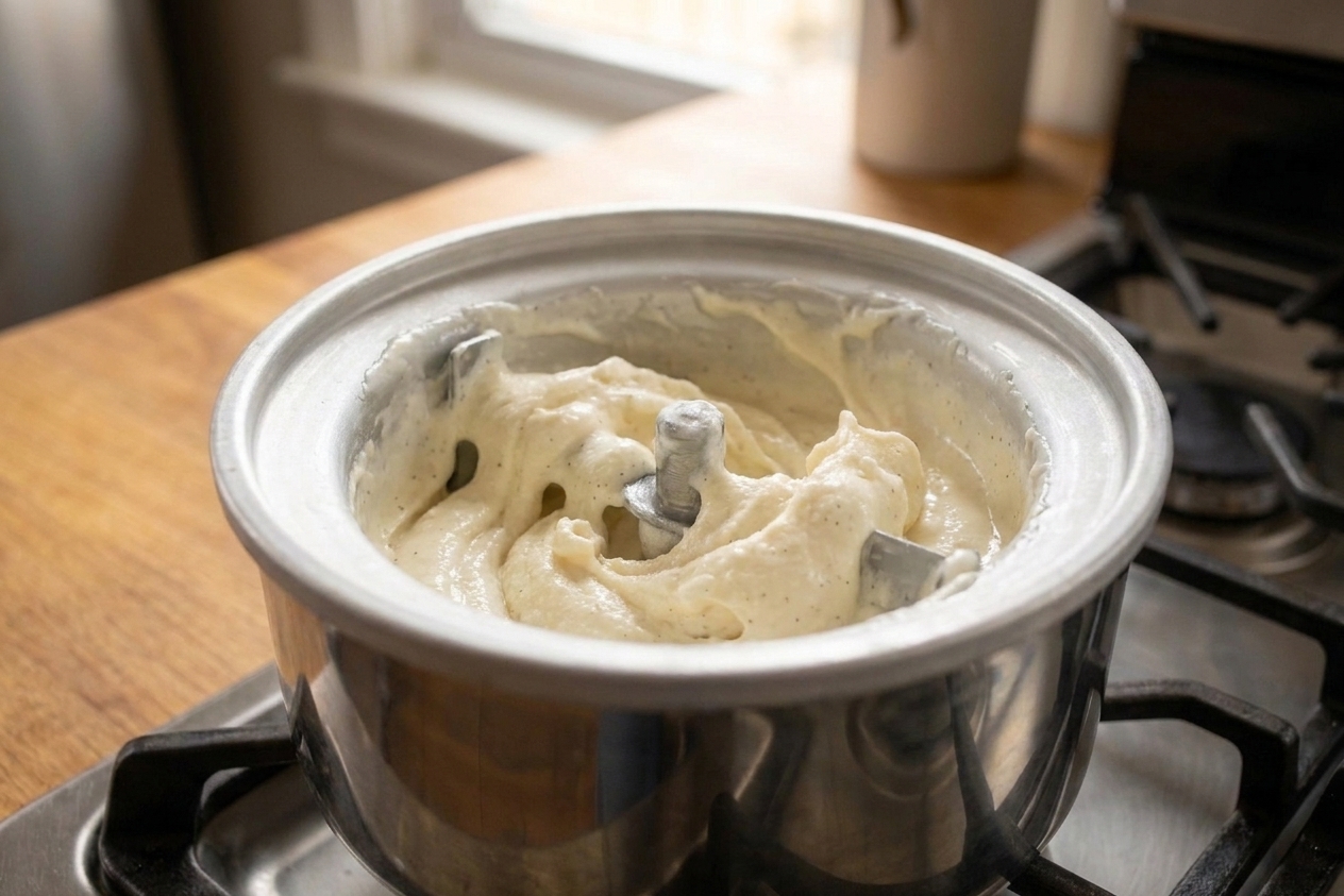 Vanilla ice cream base churning inside an ice cream maker bowl, thickening to a soft-serve texture