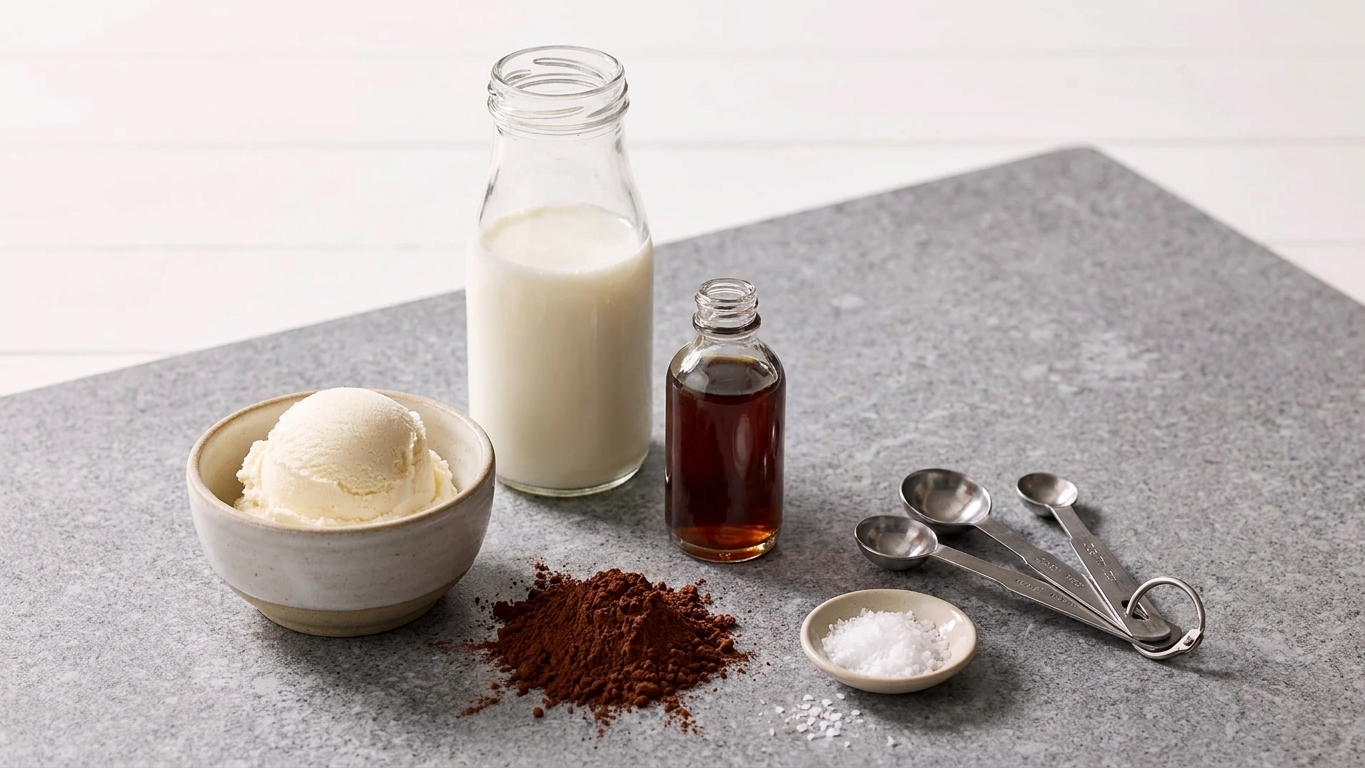 Vanilla ice cream, cocoa powder, milk, vanilla extract, and a pinch of salt arranged on a clean kitchen counter with measuring spoons