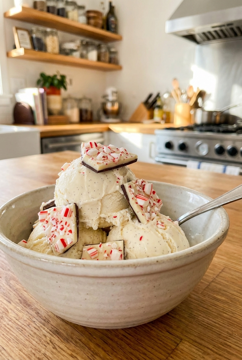 Vanilla ice cream in a bowl with peppermint bark pieces on top