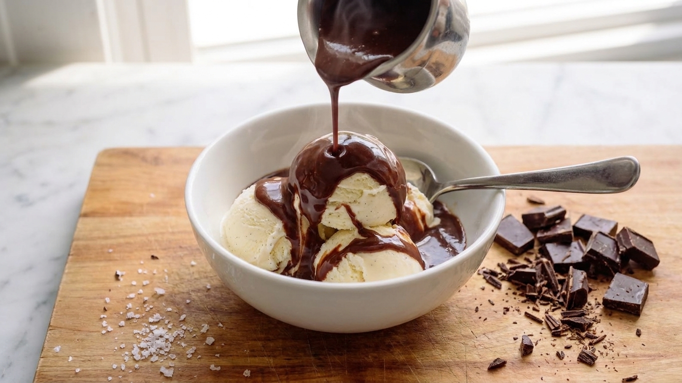 Vanilla ice cream in a bowl with warm chocolate sauce drizzled over the top on a wooden table setting
