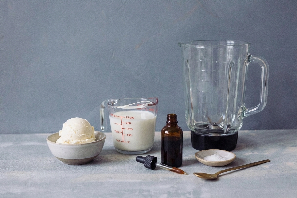 Vanilla ice cream, milk, vanilla extract, and salt measured on a light kitchen counter next to a blender jar