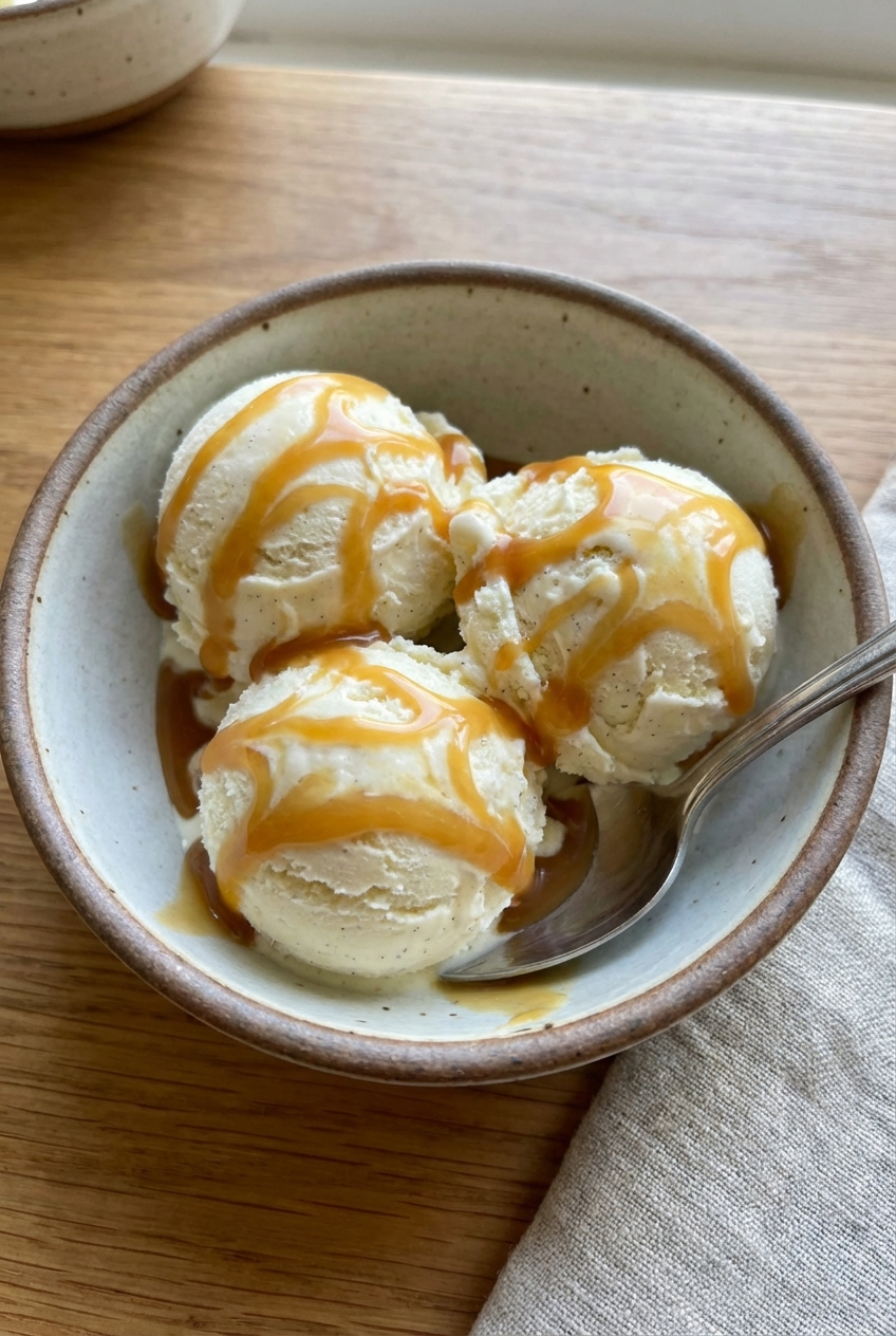 Vanilla ice cream scoops in a small bowl with a drizzle of caramel