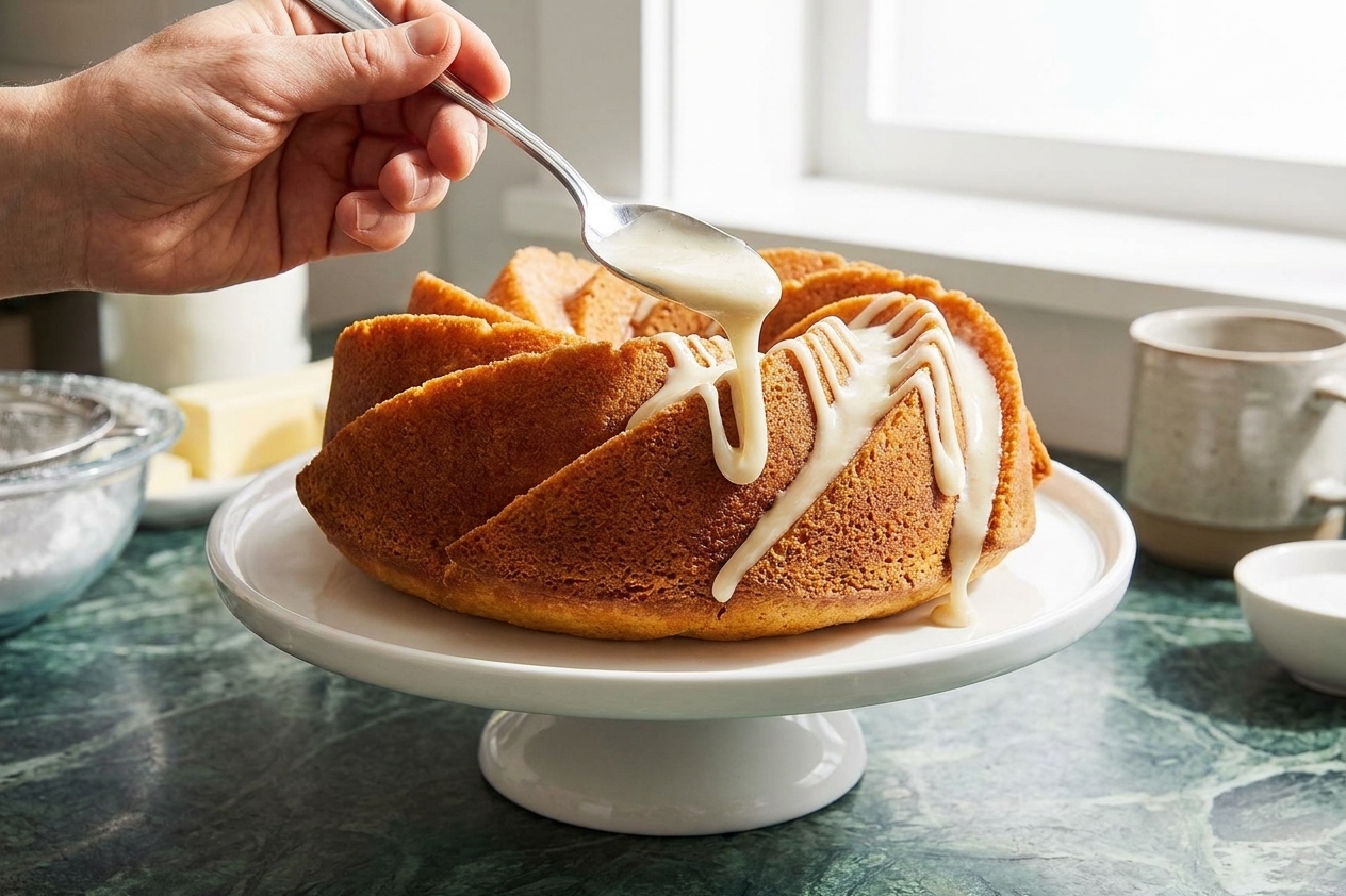 Vanilla icing being drizzled from a spoon over a golden bundt cake on a white cake stand in a bright home kitchen