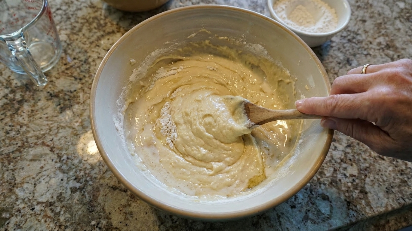Vanilla muffin batter being stirred until just combined in a large bowl