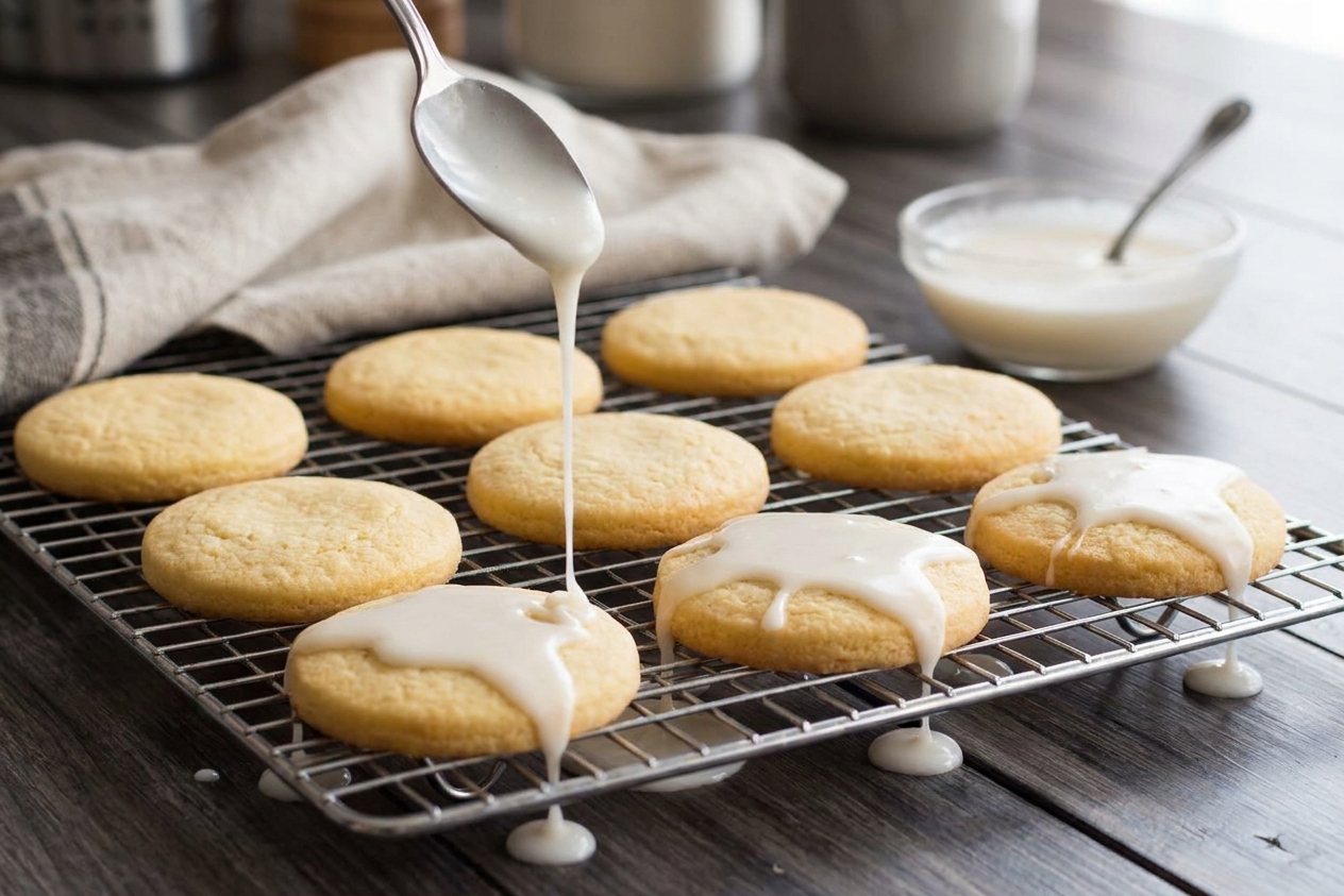 Vanilla powdered sugar icing being drizzled over round sugar cookies on a wire cooling rack on a kitchen counter