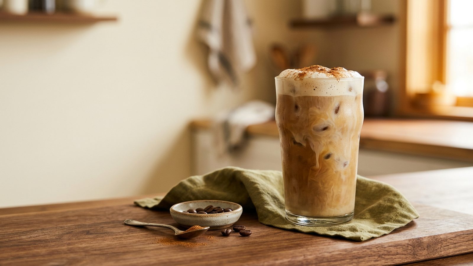 Vanilla protein powder, brewed coffee, ice, milk, cinnamon, and a small bowl of cocoa powder arranged on a clean kitchen counter