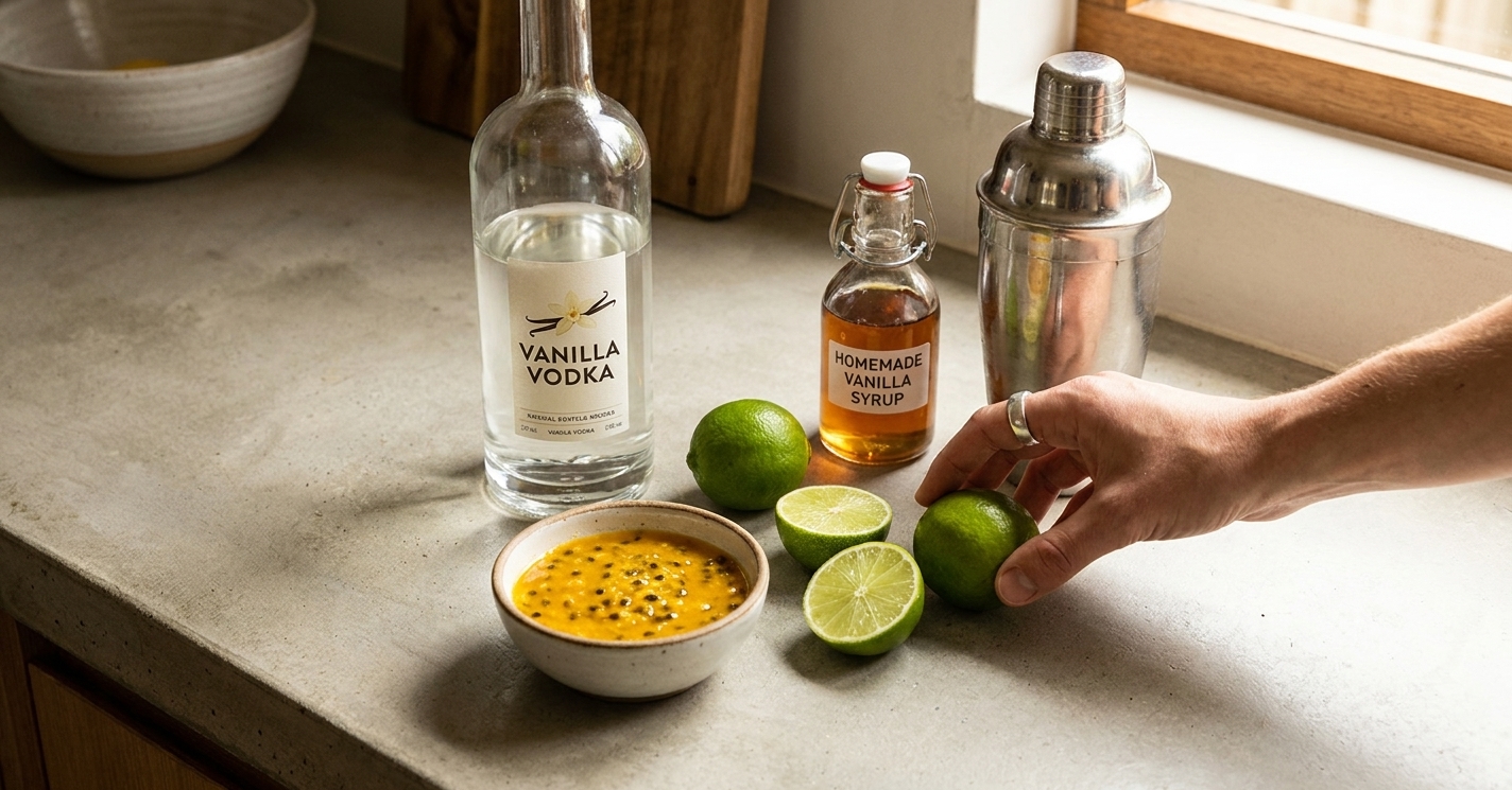 Vanilla vodka, passion fruit puree, fresh limes, and vanilla syrup arranged on a clean kitchen counter with a cocktail shaker