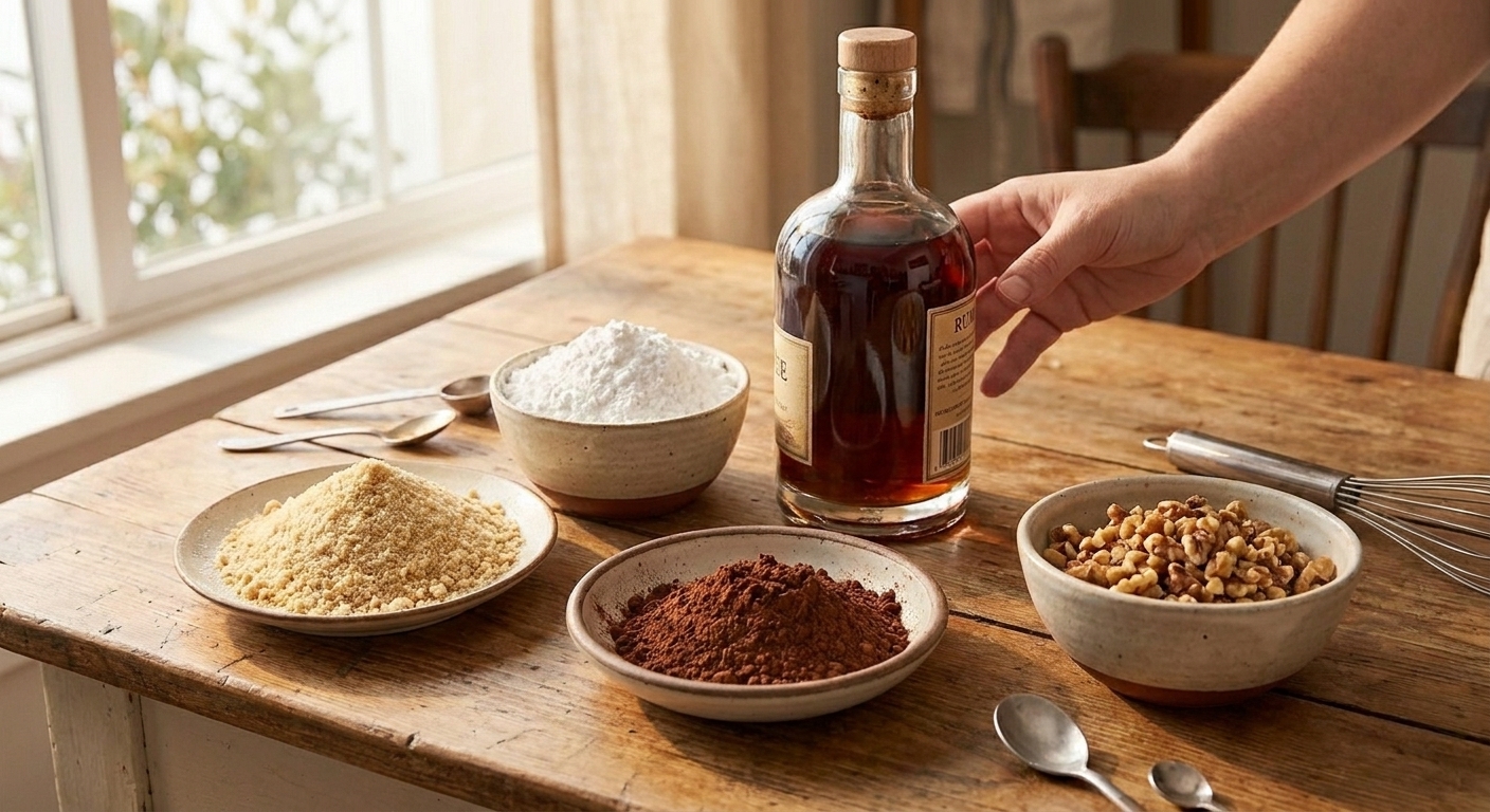 Vanilla wafer crumbs, cocoa powder, chopped toasted walnuts, powdered sugar, and a bottle of dark rum arranged on a clean kitchen counter