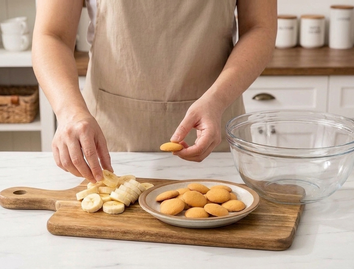 Vanilla wafers and freshly sliced bananas arranged beside a mixing bowl, ready for layering.
