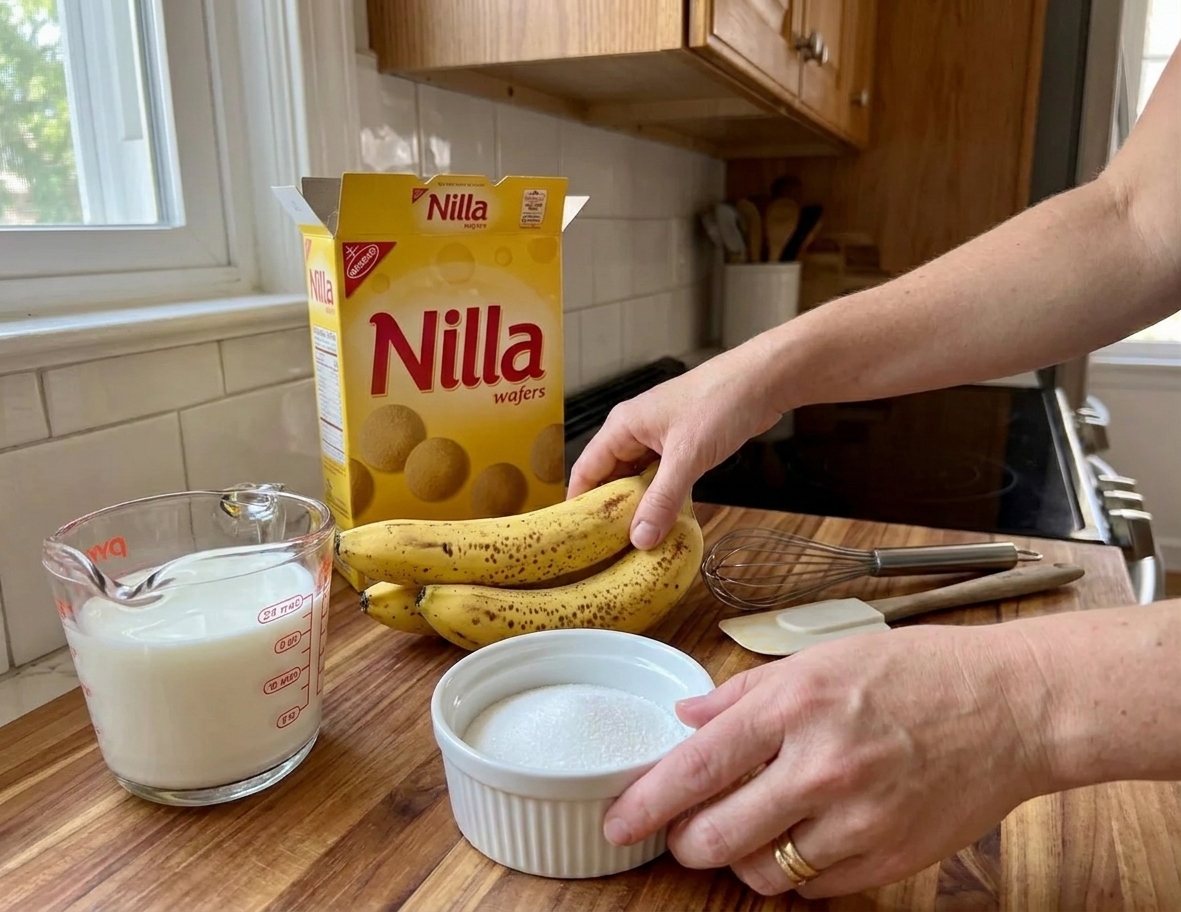 Vanilla wafers, ripe bananas, and bowls of sugar and milk set out on a kitchen counter ready for banana pudding