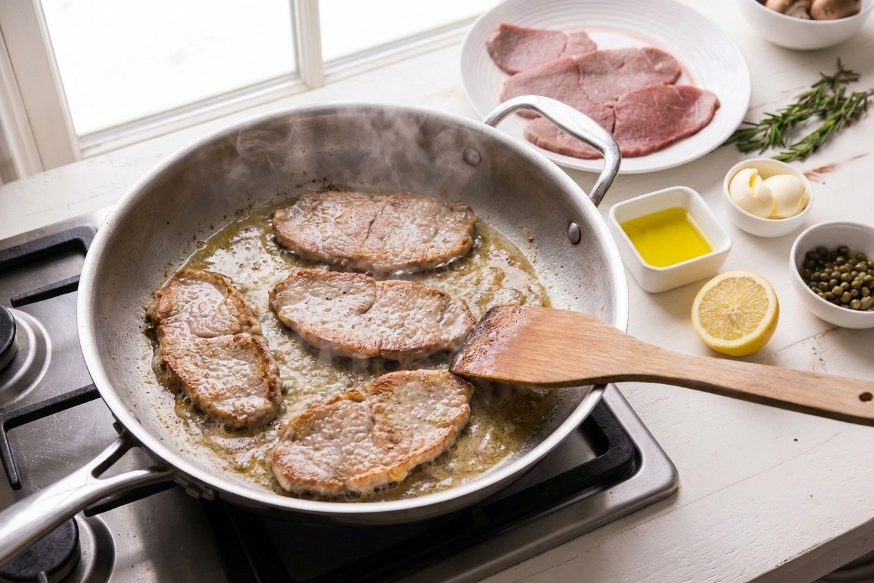 Veal cutlets sizzling in a stainless steel skillet with golden edges forming, captured mid-cook on a stovetop