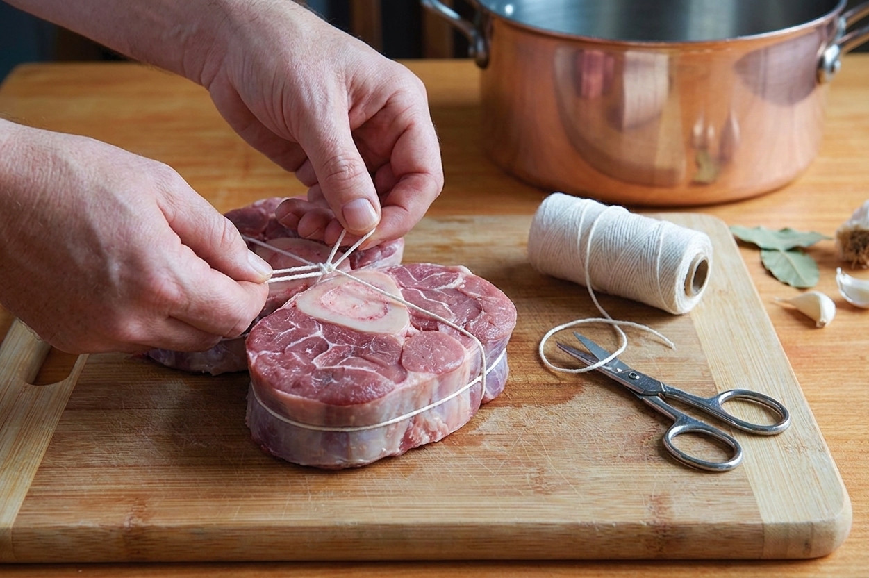 Veal shanks being tied with kitchen twine on a cutting board before cooking
