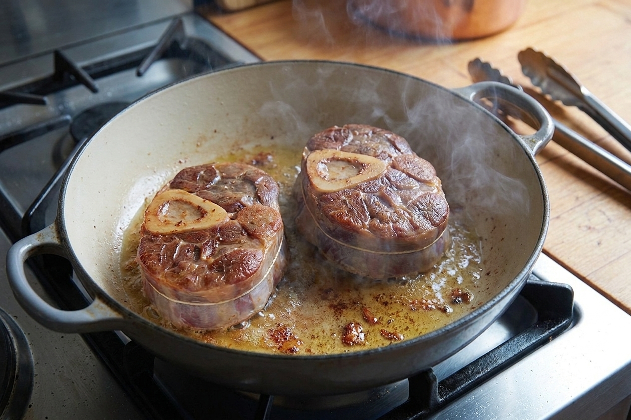 Veal shanks browning in a Dutch oven with golden edges and sizzling oil on a stovetop