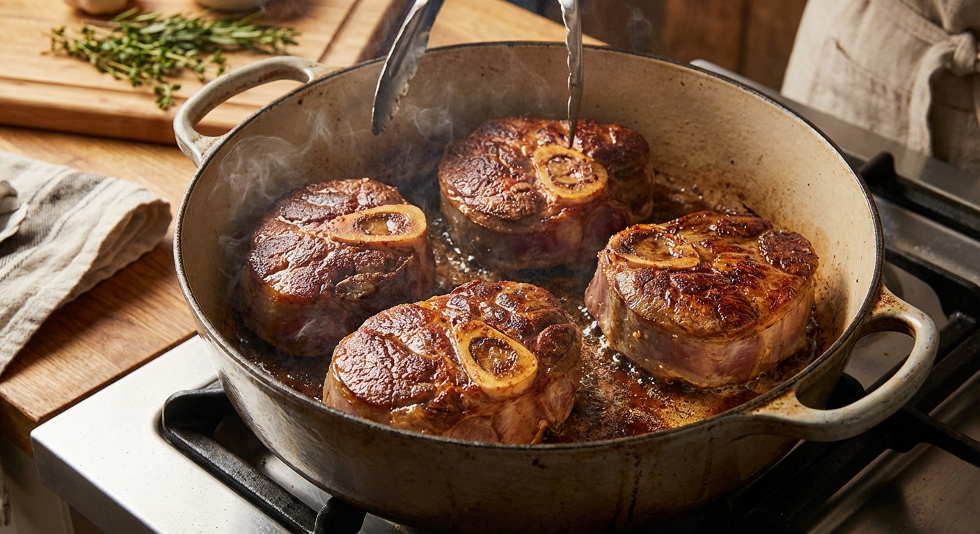 Veal shanks searing in a Dutch oven with a golden-brown crust forming