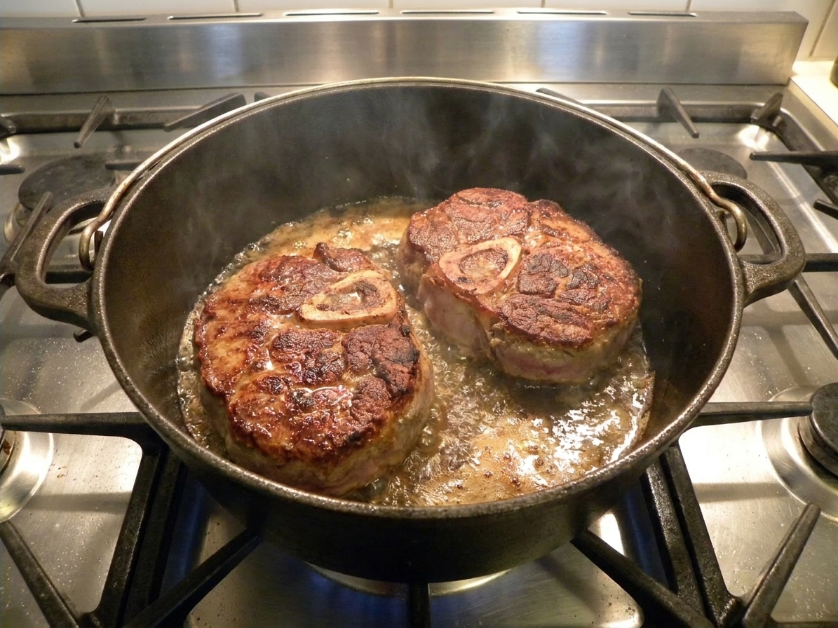 Veal shanks searing in a Dutch oven with browned edges and bubbling fat on a home stovetop