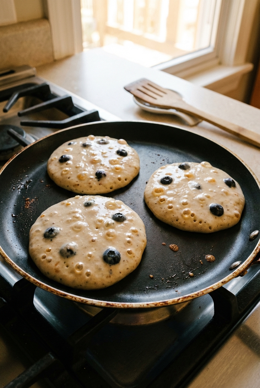 Vegan blueberry pancakes cooking in a nonstick skillet with bubbles forming on the surface before flipping