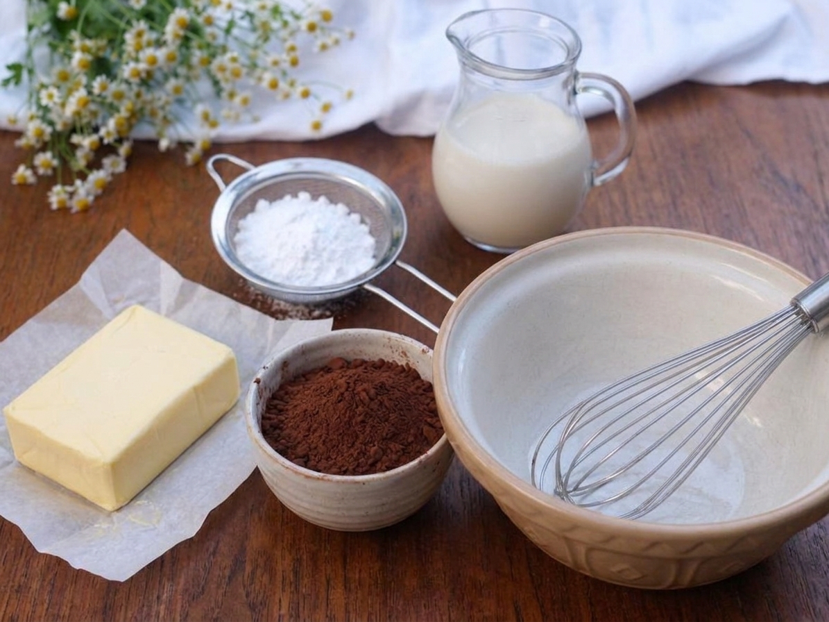 Vegan butter, cocoa powder, powdered sugar, and plant milk arranged on a tidy kitchen counter for chocolate frosting