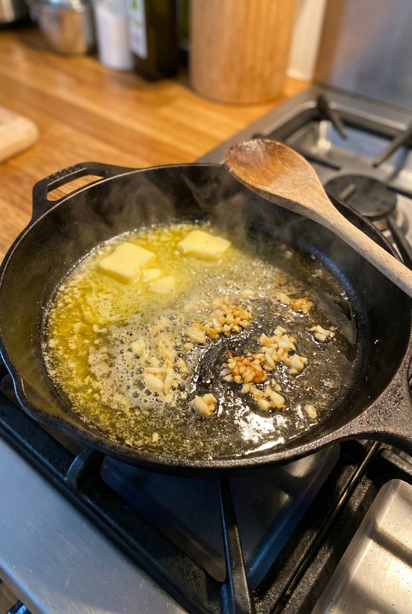 Vegan butter melting in a skillet with minced garlic just starting to sizzle