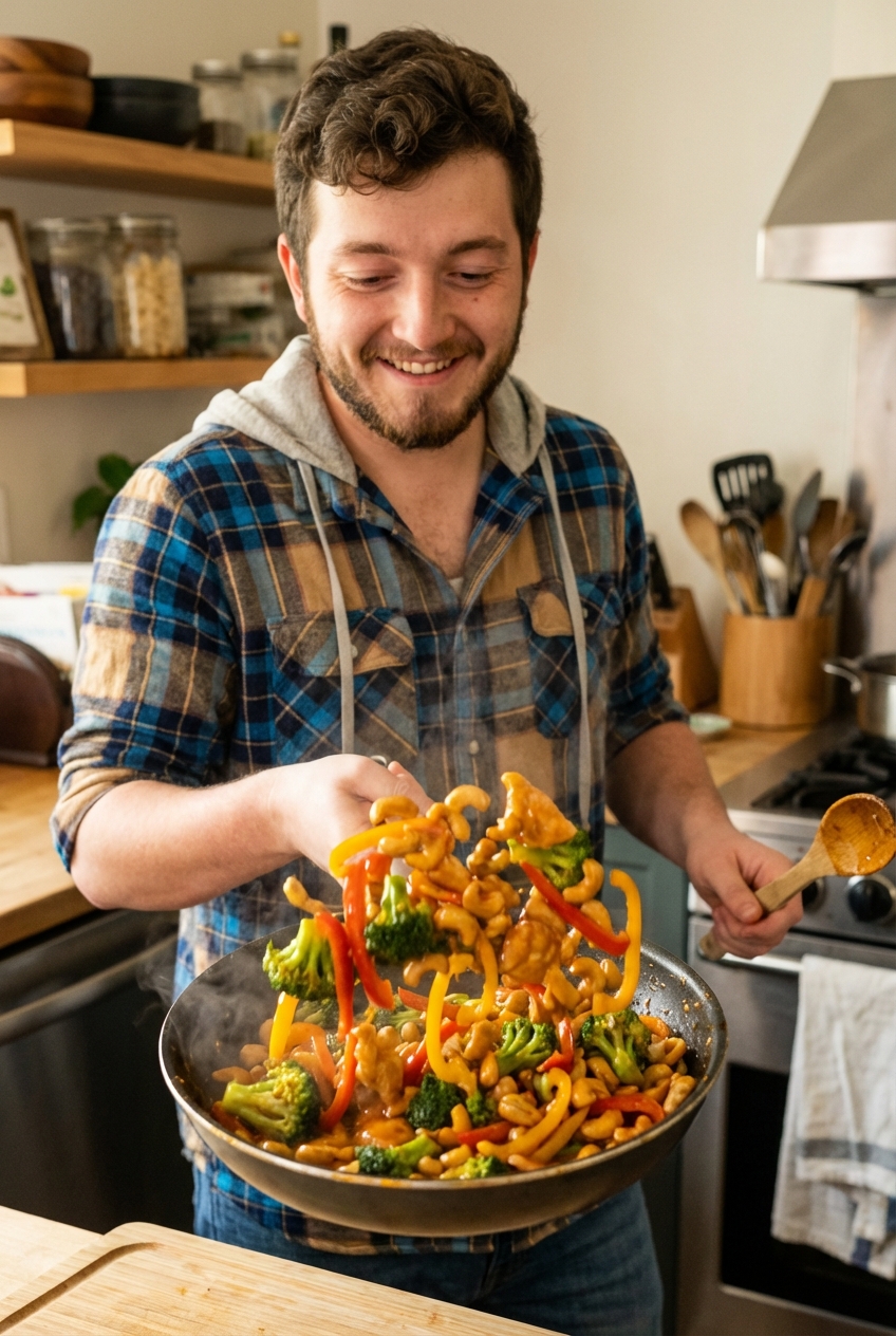 Vegan cashew chicken with orange lime sauce being tossed in a skillet with broccoli and bell peppers