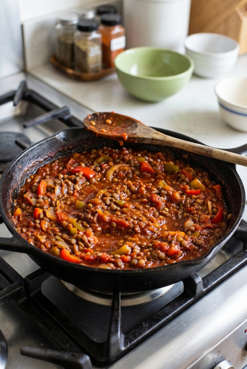 Vegan sloppy joe mixture simmering in a skillet with a wooden spoon resting on the edge