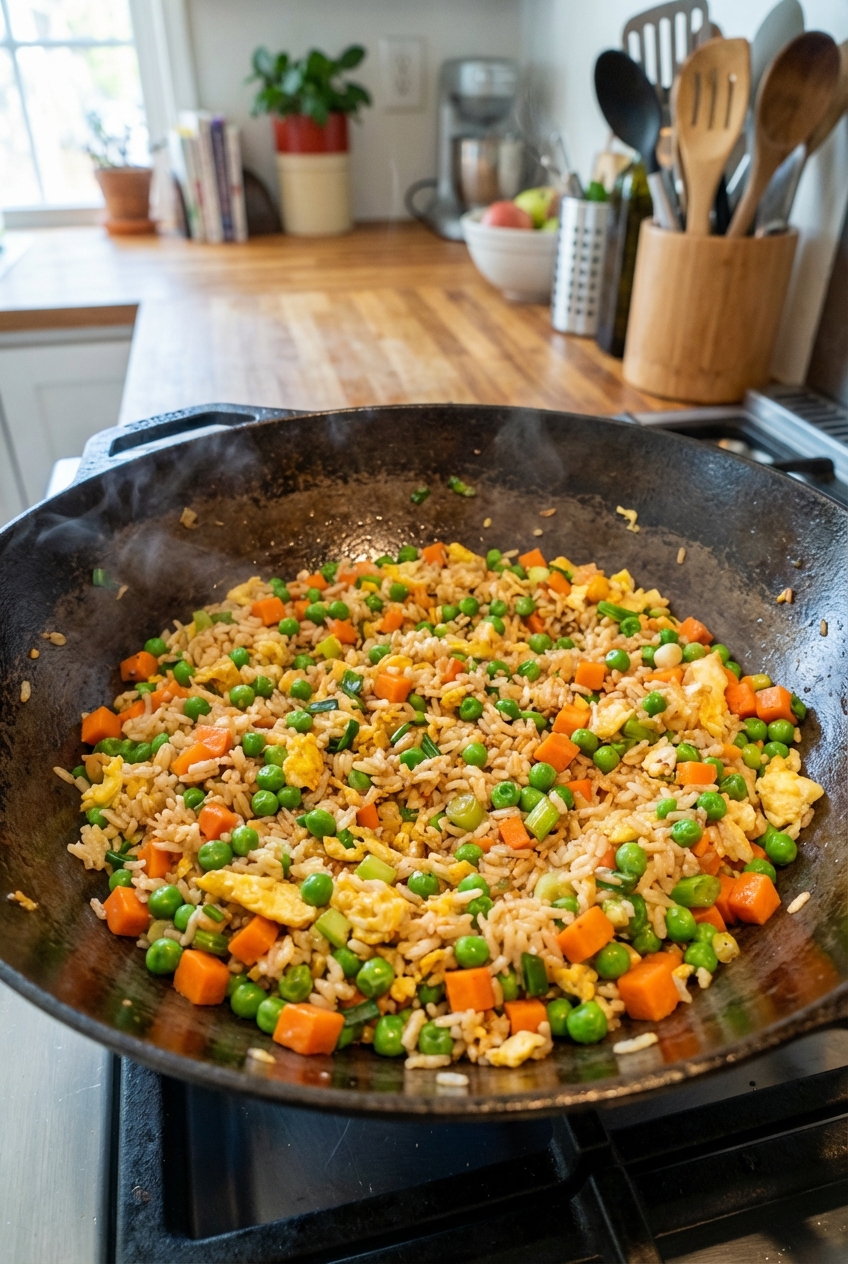 Vegetable fried rice in a pan with peas and carrots