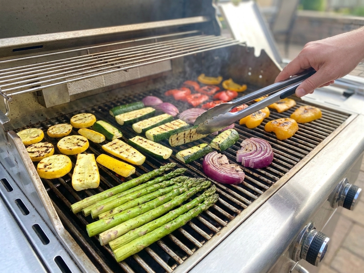 Vegetable slices and asparagus spears cooking on a hot outdoor gas grill with visible char marks and a pair of tongs turning pieces