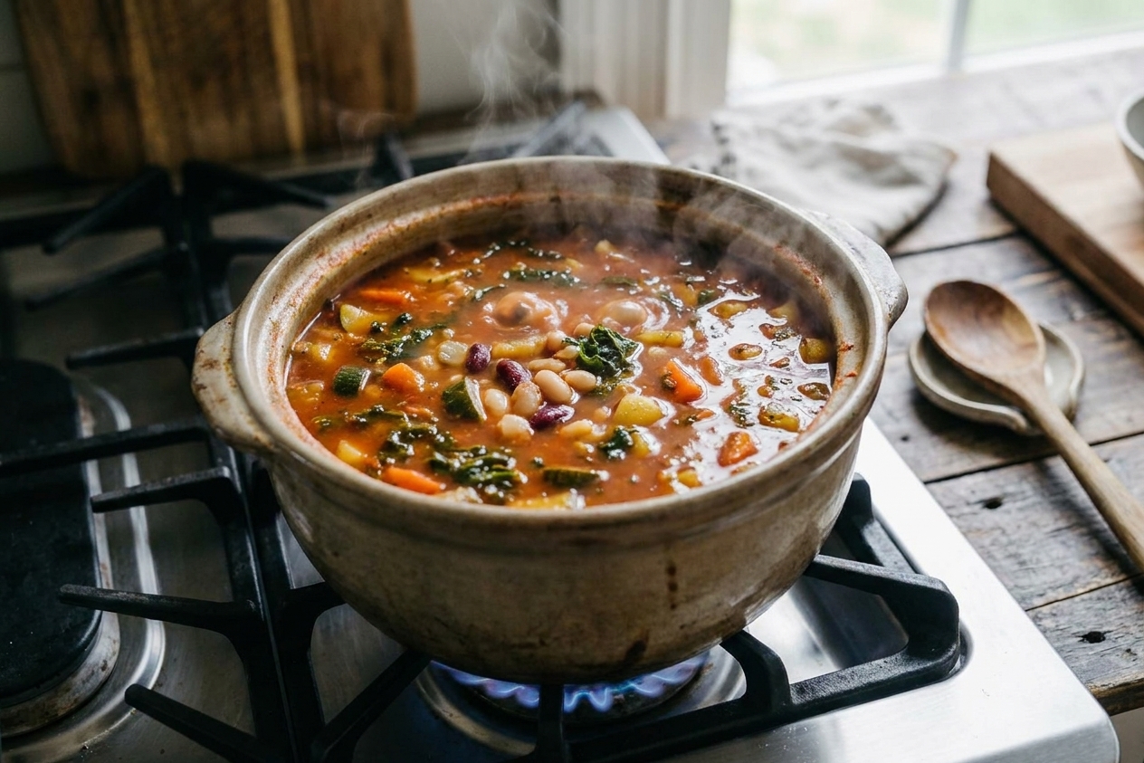Vegetable soup simmering in a large pot on the stove with visible beans and green vegetables