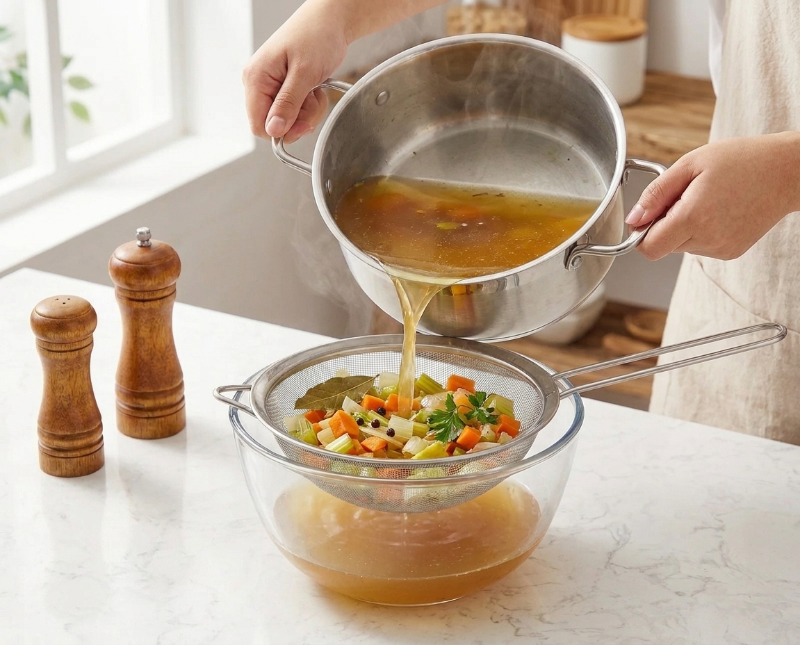 Vegetable stock being poured through a fine mesh strainer into a large bowl on a kitchen counter, with cooked vegetables remaining in the strainer