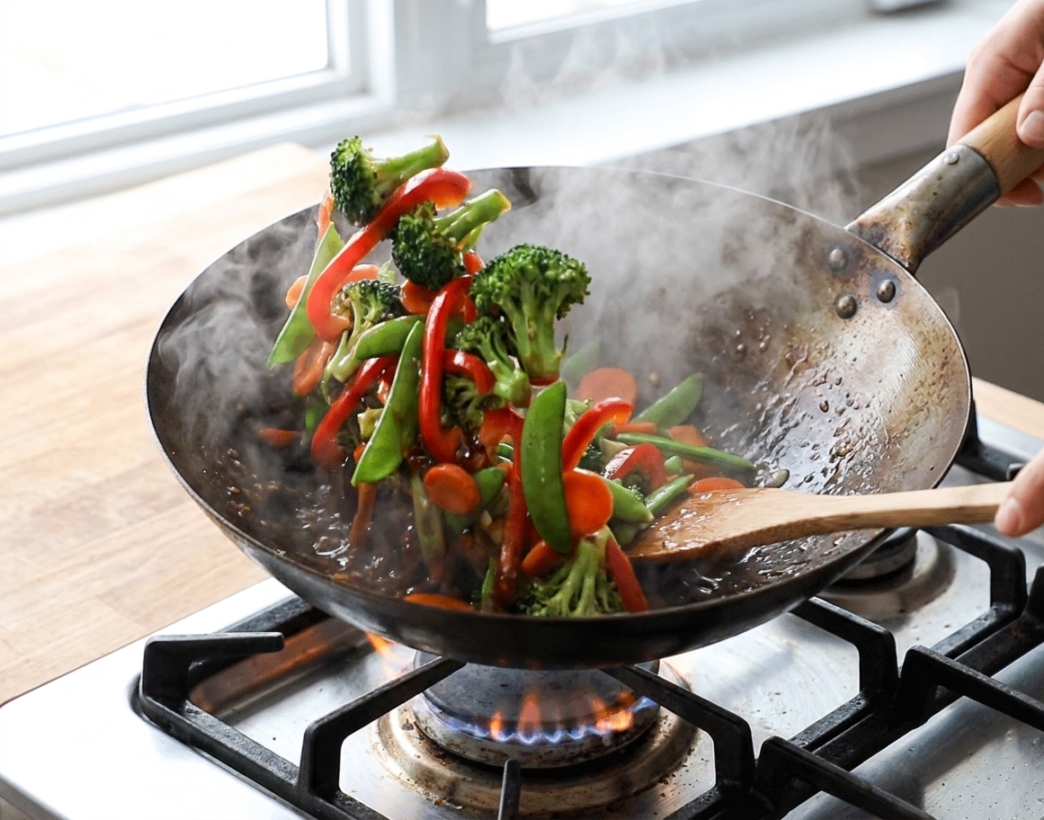 Vegetables being tossed in a hot wok on a home stove with steam rising as the sauce thickens and coats the vegetables