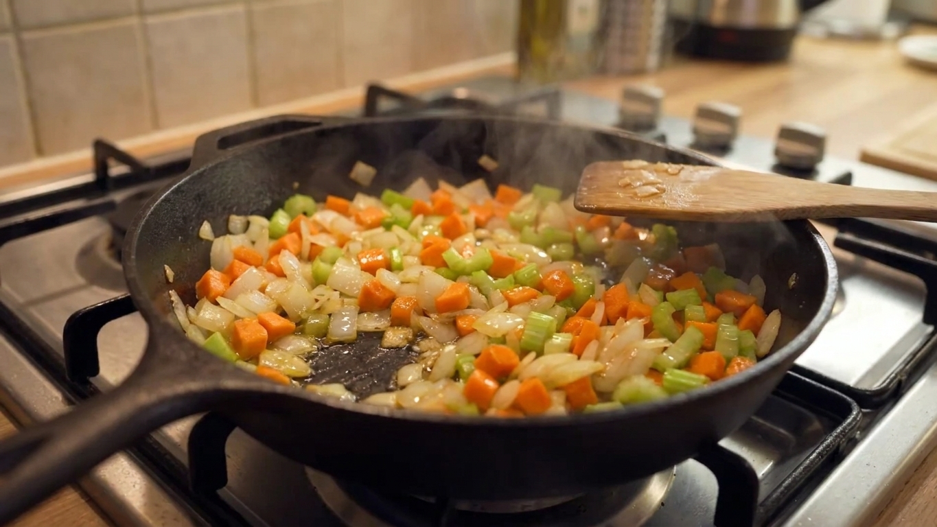 Vegetables sautéing in a skillet on a stove, onions turning translucent with carrots and celery, steam rising in a home kitchen