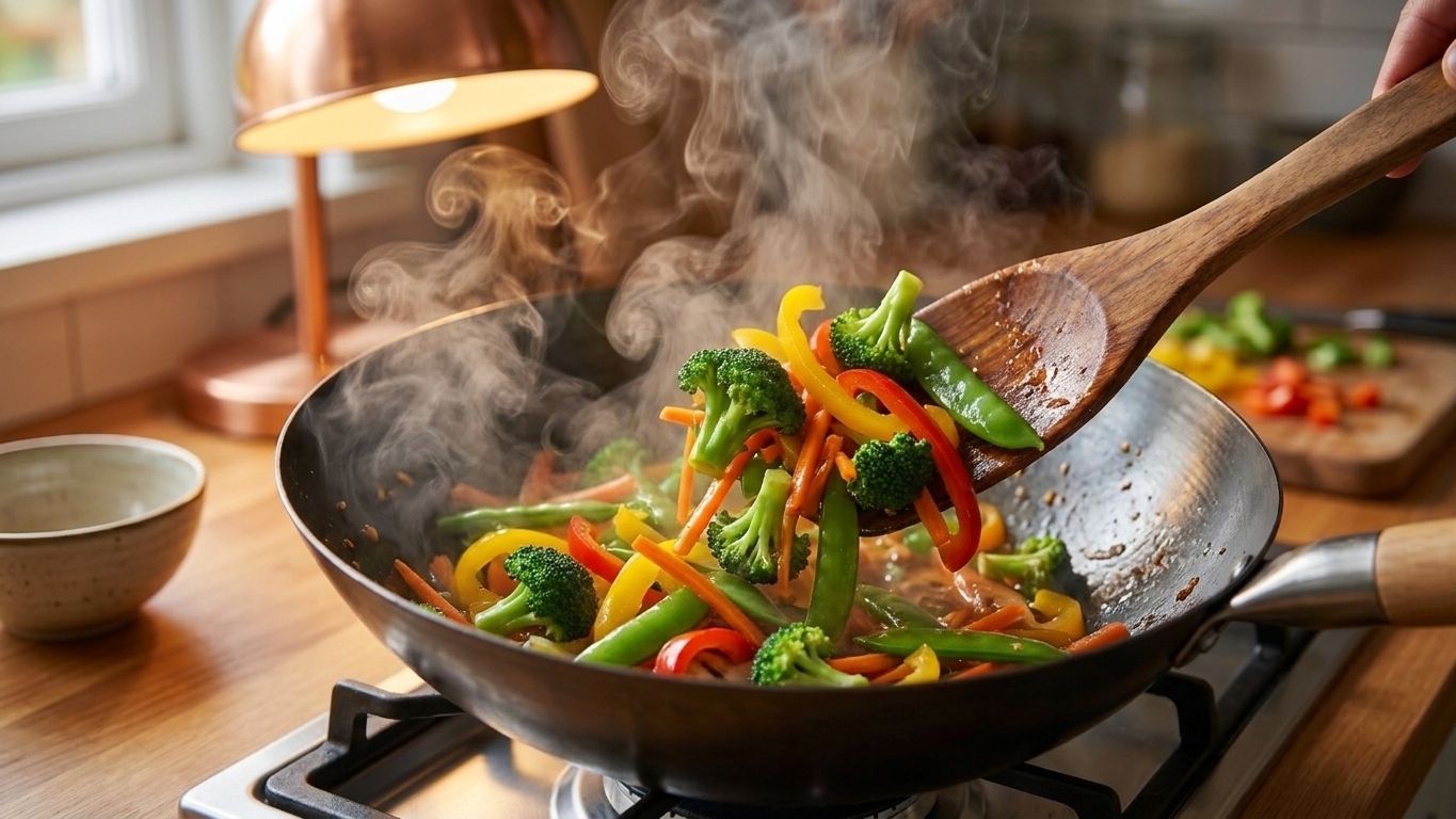 Vegetables sizzling in a hot wok as a wooden spatula tosses broccoli, peppers, carrots, and snap peas, with steam rising from the pan