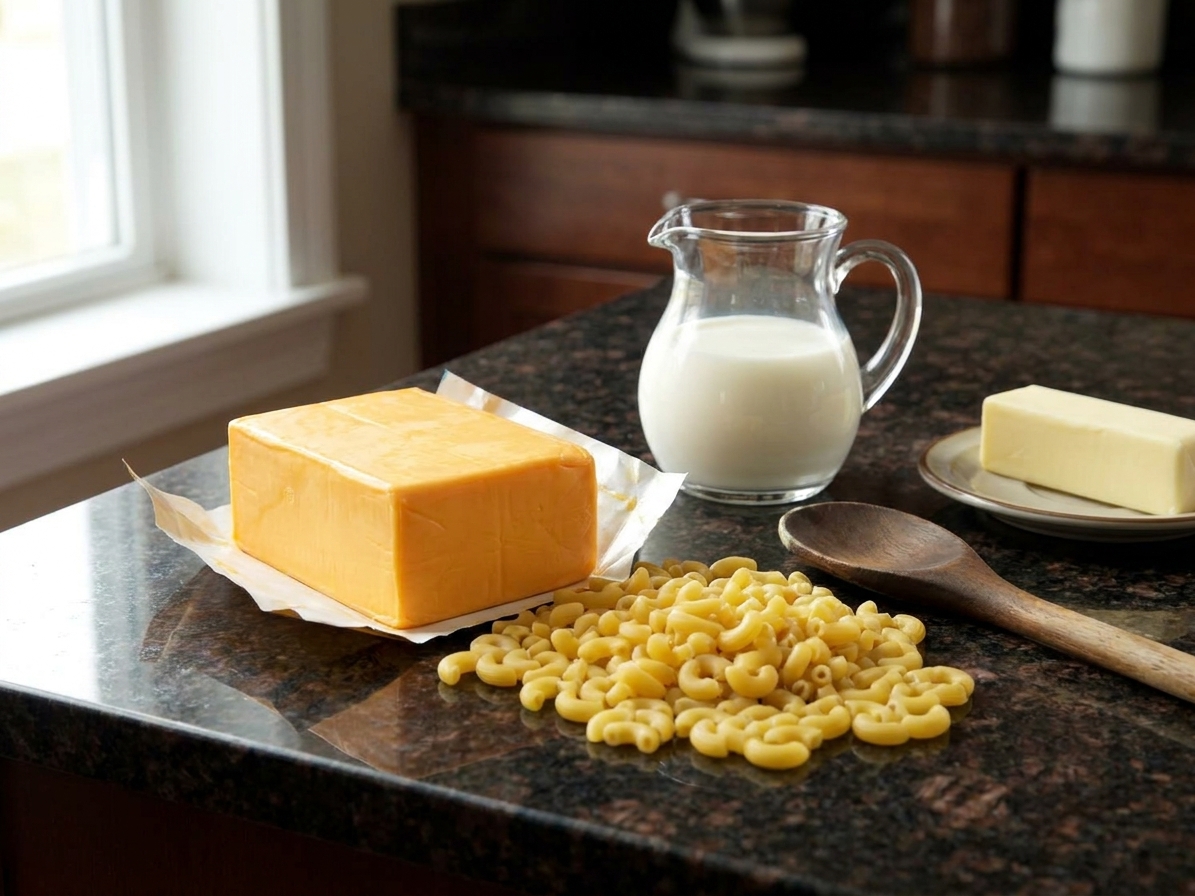 Velveeta cheese block, elbow macaroni, a small pitcher of milk, and butter arranged on a clean kitchen counter