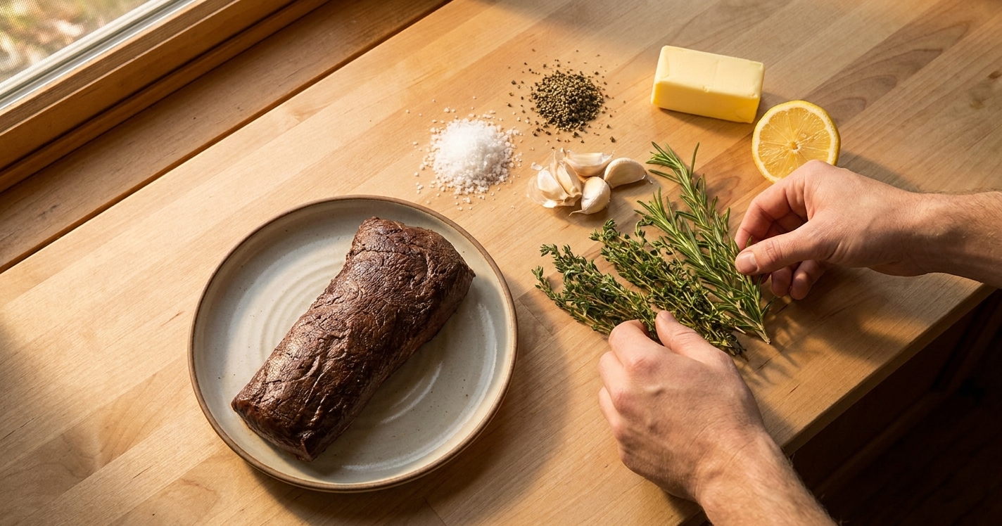 Venison backstrap on a plate beside kosher salt, black pepper, garlic, rosemary, thyme, butter, and a lemon on a clean kitchen counter with warm light