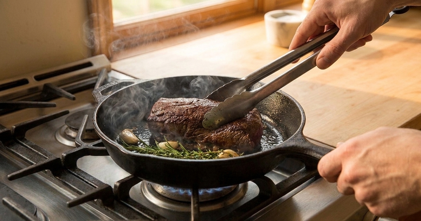 Venison backstrap searing in a cast iron skillet with a browned crust forming, held in place with kitchen tongs