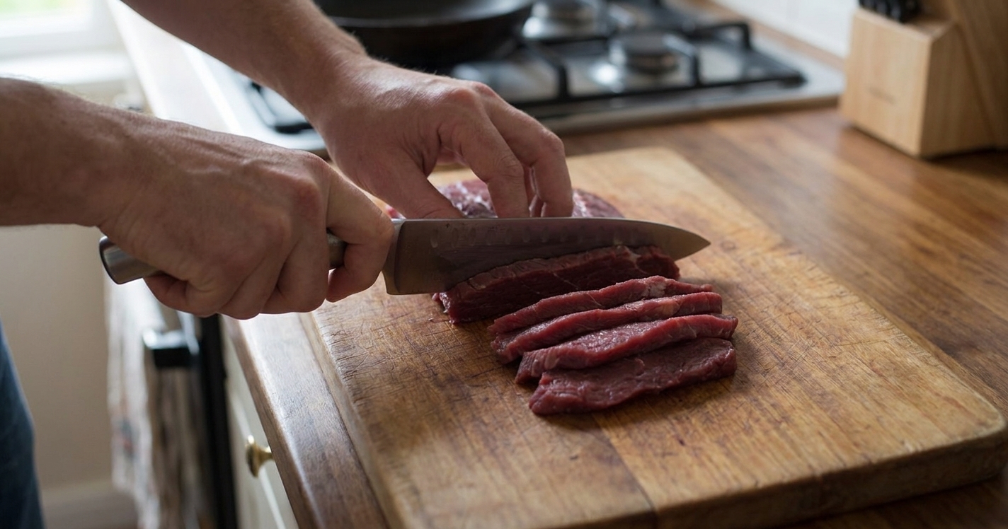 Venison being sliced into thin strips on a wooden cutting board
