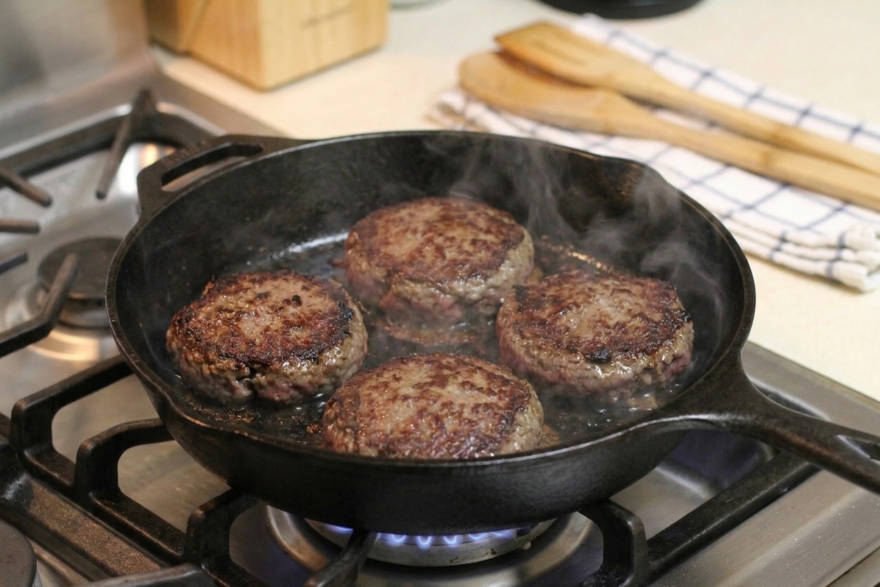 Venison burger patties searing in a cast iron skillet with browned edges, spatula nearby on a stovetop