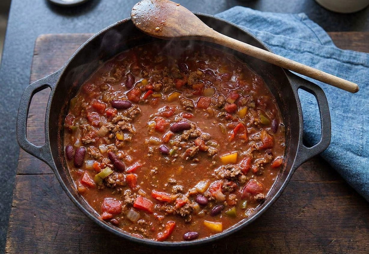 Venison chili gently simmering with a spoon resting on the rim of the pot