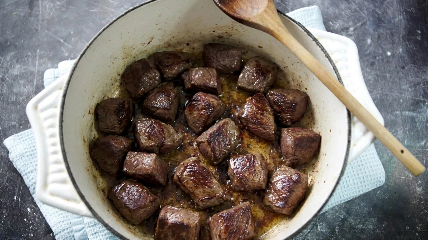 Venison cubes browning in a Dutch oven with caramelized edges forming on the meat