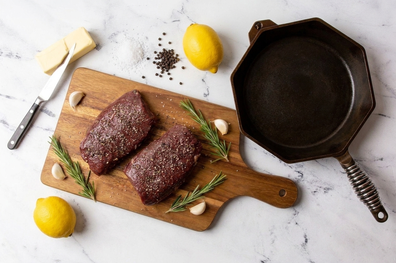 Venison steaks, kosher salt, black pepper, garlic, fresh rosemary, butter, and a lemon arranged on a light stone kitchen counter with a cast-iron skillet nearby