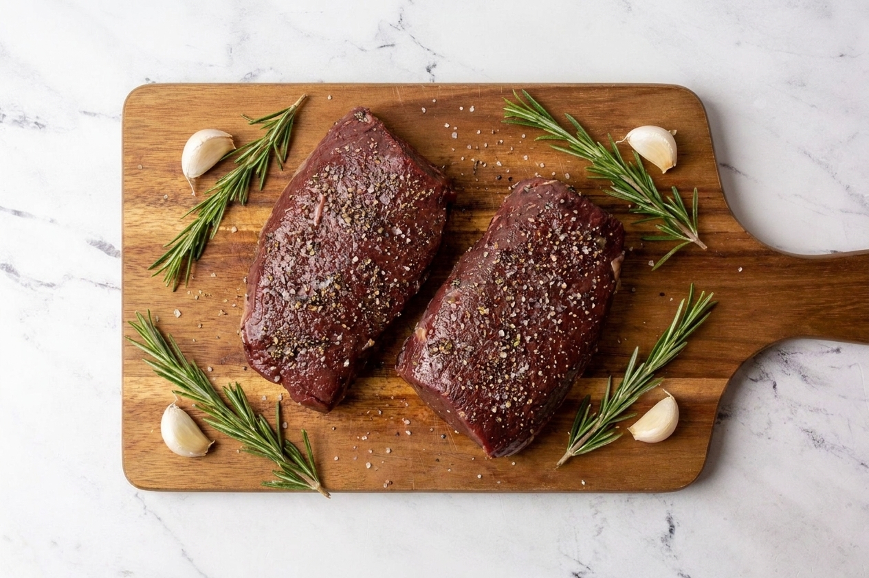 Venison steaks on a wooden cutting board evenly seasoned with salt and black pepper, with rosemary and garlic nearby