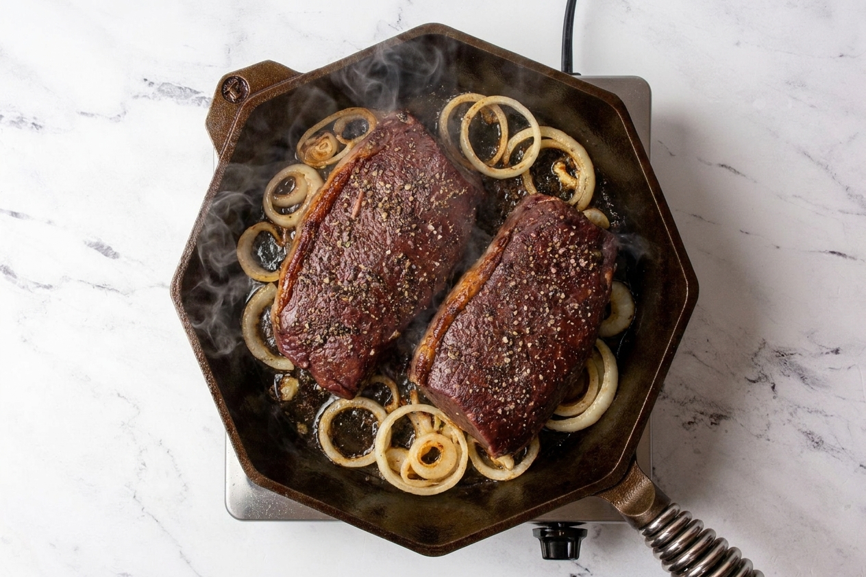 Venison steaks searing in a cast-iron skillet with a deep brown crust forming on the edges on a stovetop
