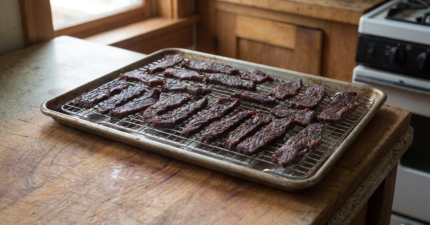 Venison strips arranged in a single layer on a wire rack set over a rimmed sheet pan on a kitchen counter