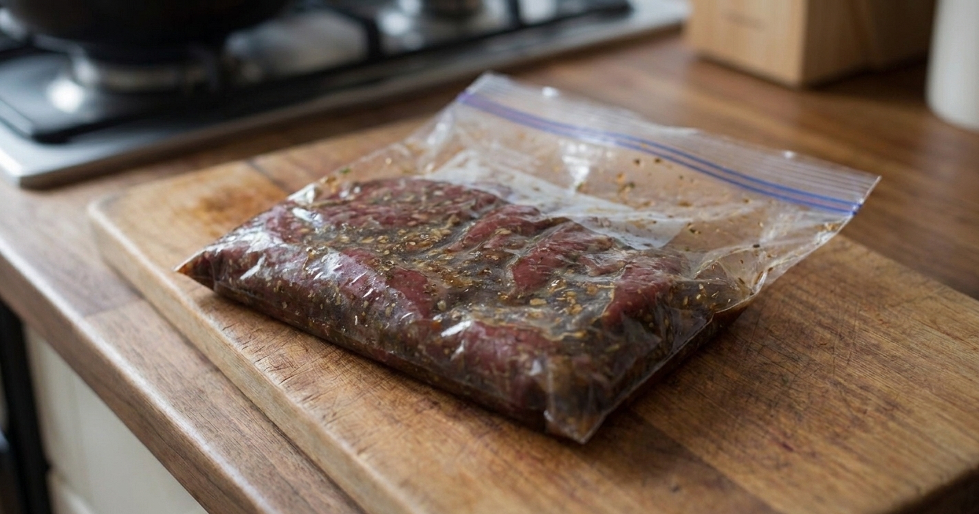 Venison strips coated in marinade inside a sealed zip-top bag before going into the refrigerator