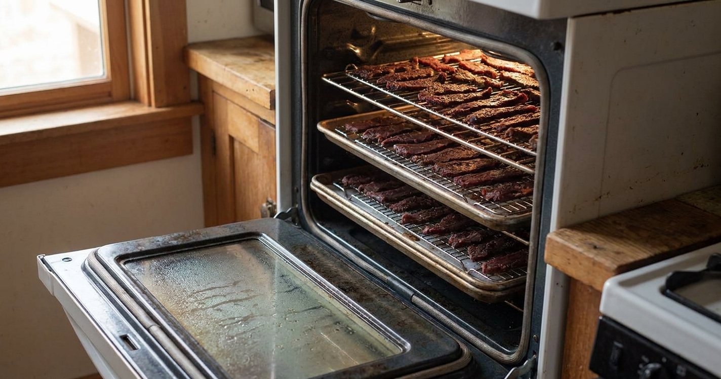 Venison strips drying on wire racks over sheet pans inside an oven with the door slightly open