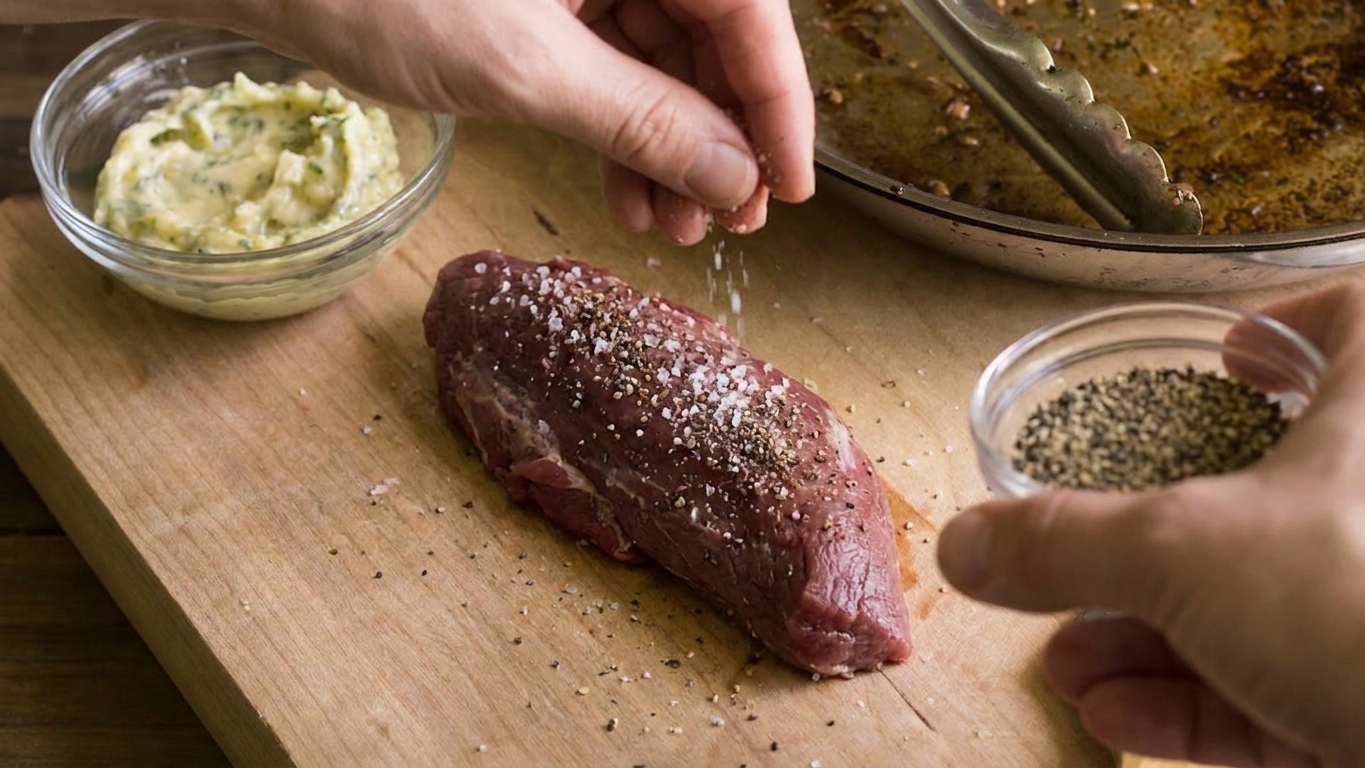 Venison tenderloin on a cutting board being seasoned with kosher salt and black pepper next to a small bowl of garlic herb butter